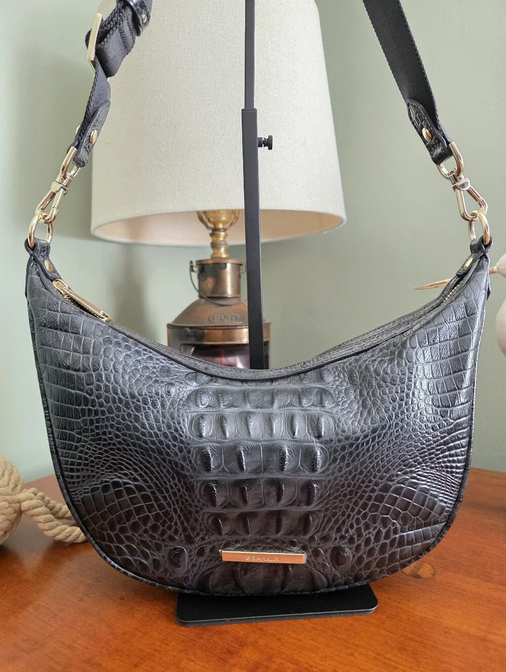 Brahmin Percy Black Alden Road Croc Embossed Crescent Crossbody Bag